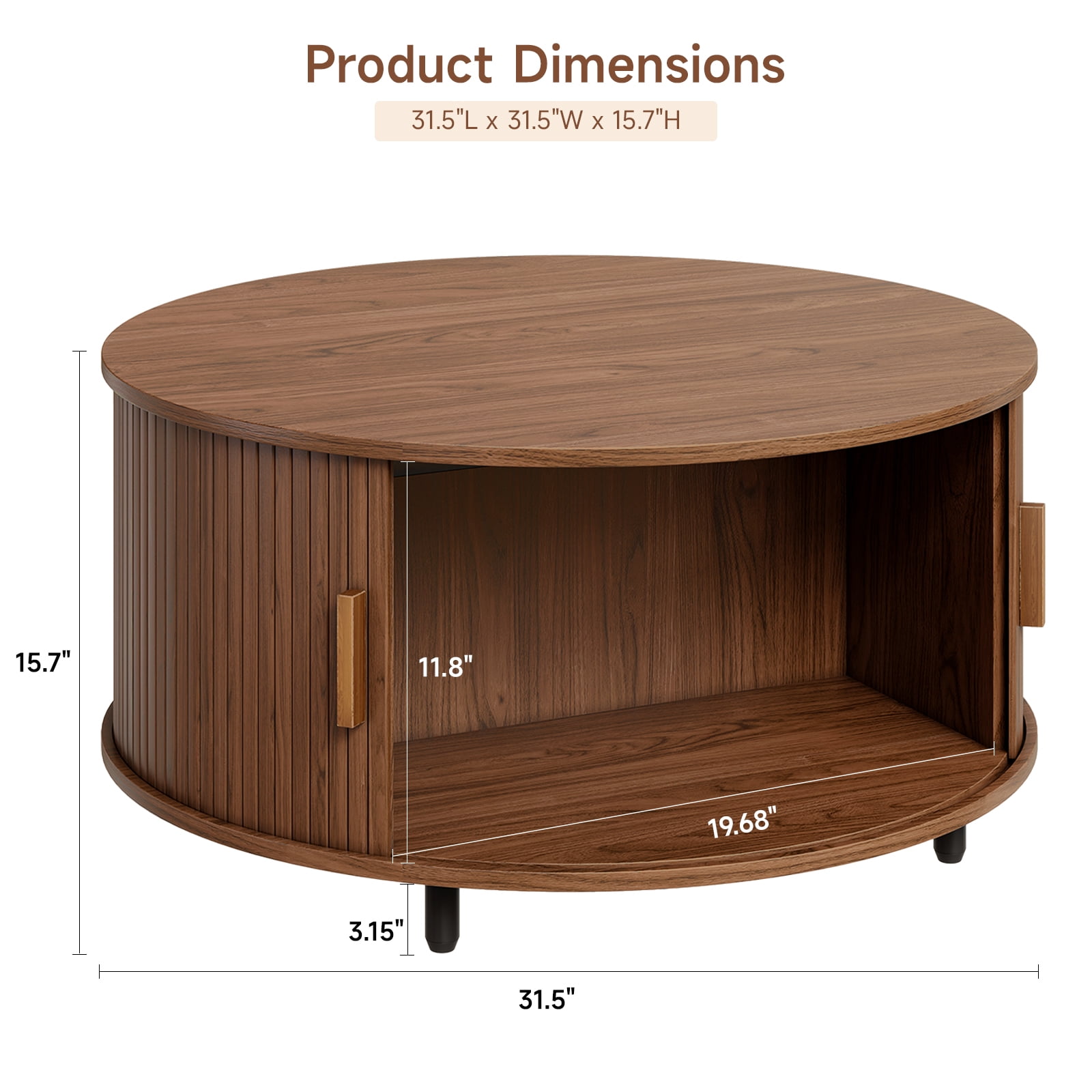 ROGALIS 31.5" Round Coffee Table with Storage, Modern Coffee Table with 360° Curved Sliding Door, Fluted Wood Coffee Table with Adjustable Footpads for Living Room, Walnut
