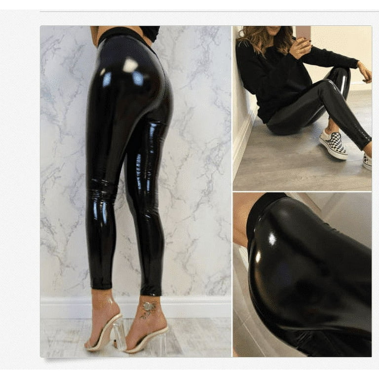 YBStars Women PU Leather Pants Slim High Waist Shiny Wet Look Leggings  Stretchy Long Pencil Trouser (Black, Small) at  Women's Clothing store