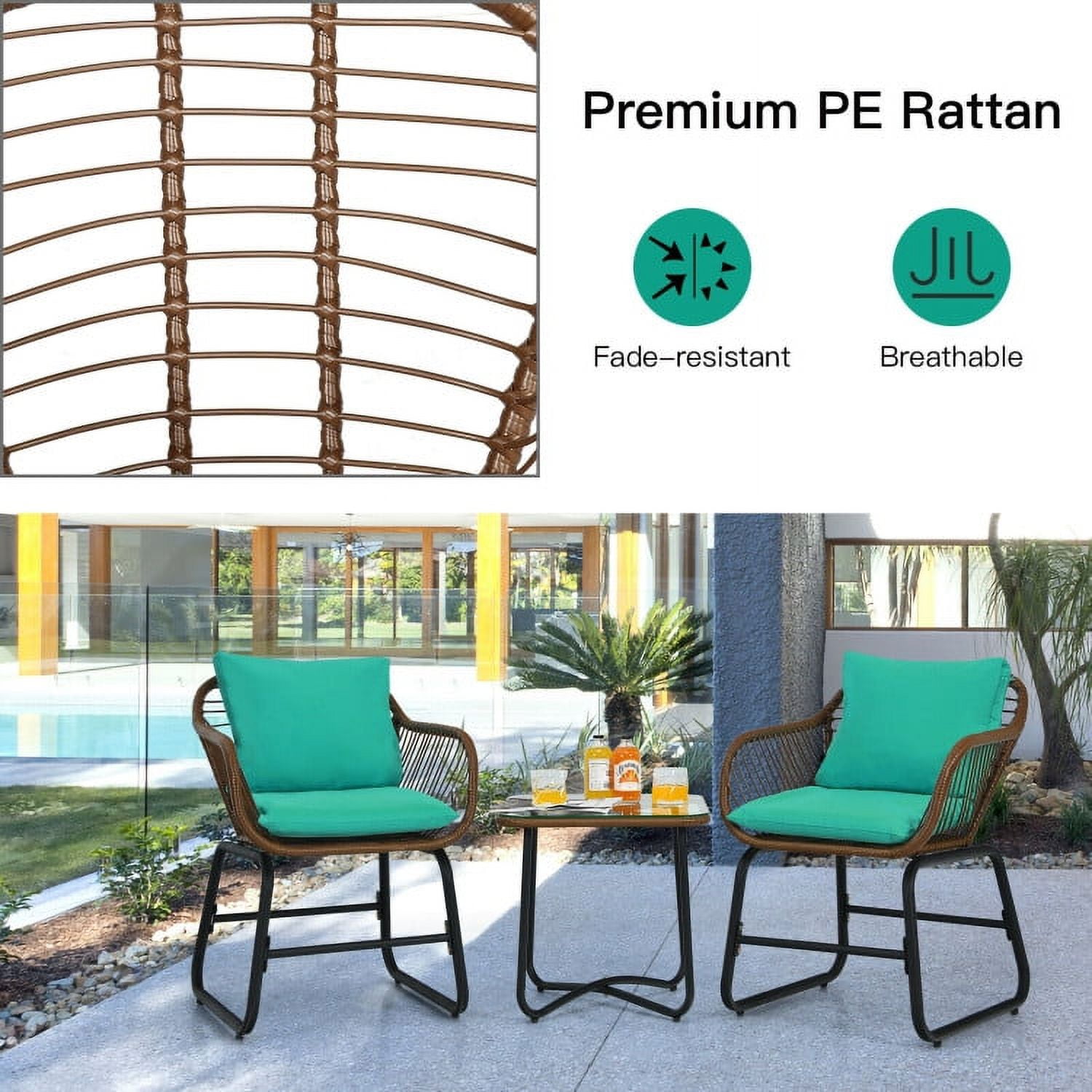 Aimee Lii 3 Pieces Patio Rattan Bistro Set Cushioned Chair Glass Table Deck, Outdoor Patio Furniture, Turquoise Aimee Lii 3 Pieces Patio Rattan Bistro Set Cushioned Chair Glass Table Deck, Outdoor Patio Furniture, Turquoise