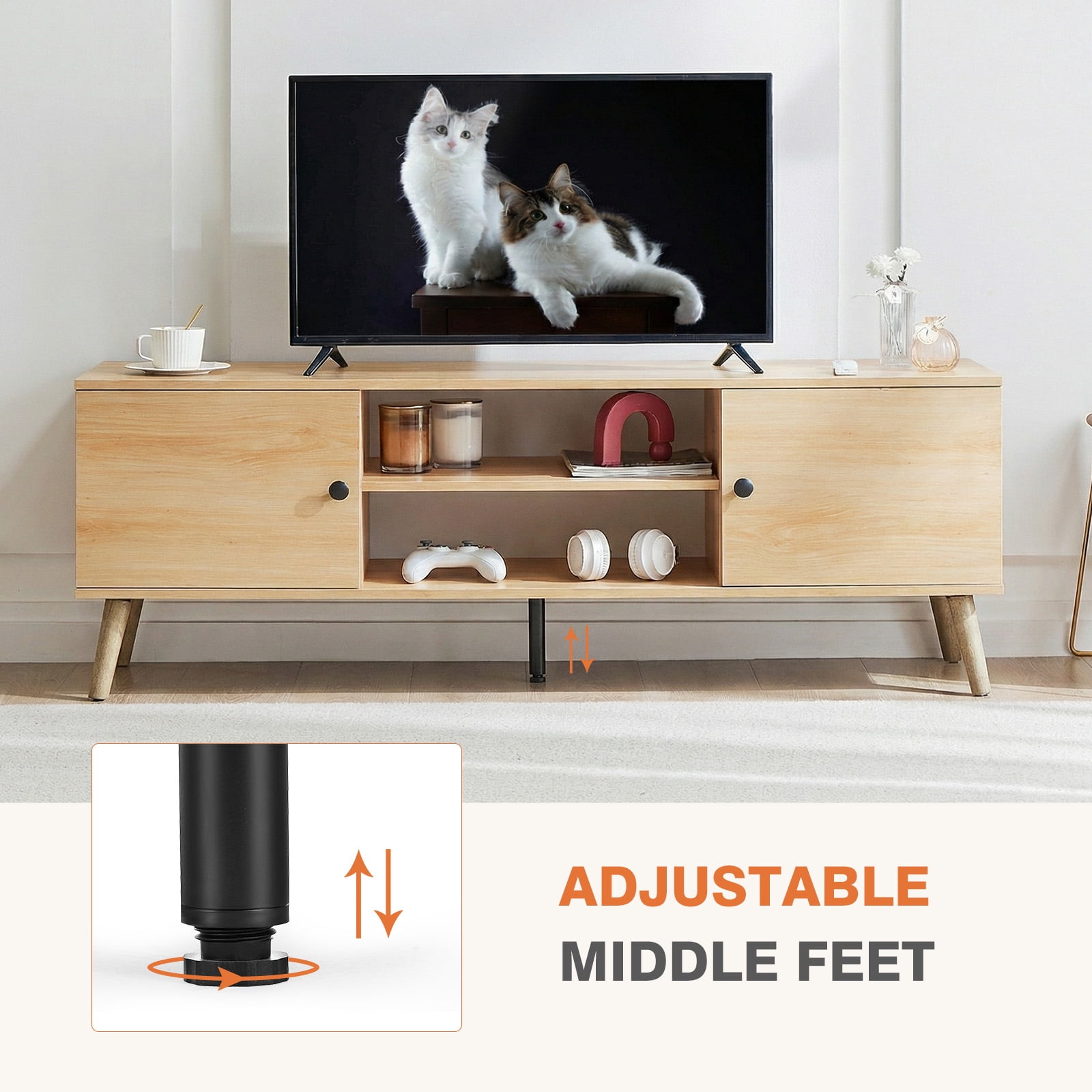 EDX Retro-Modern TV Stand, Mid-Century Media Console with Soft-Close Cabinets & Adjustable Shelves, Engineered Wood TV Cabinet for 50-65 Inch TVs, Natural