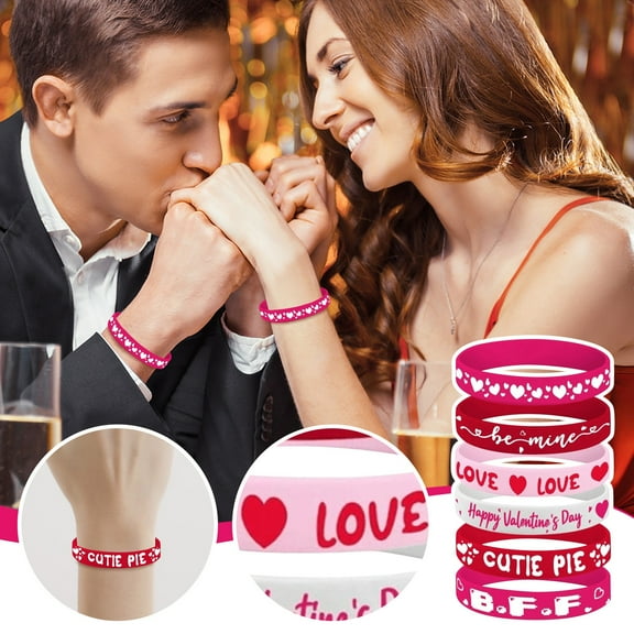 Valentine's Day Silicone Bracelets 6 Pack of Heart, Love, Be Mine, Cutie Pie, BFF Wristbands for Kids & Adults