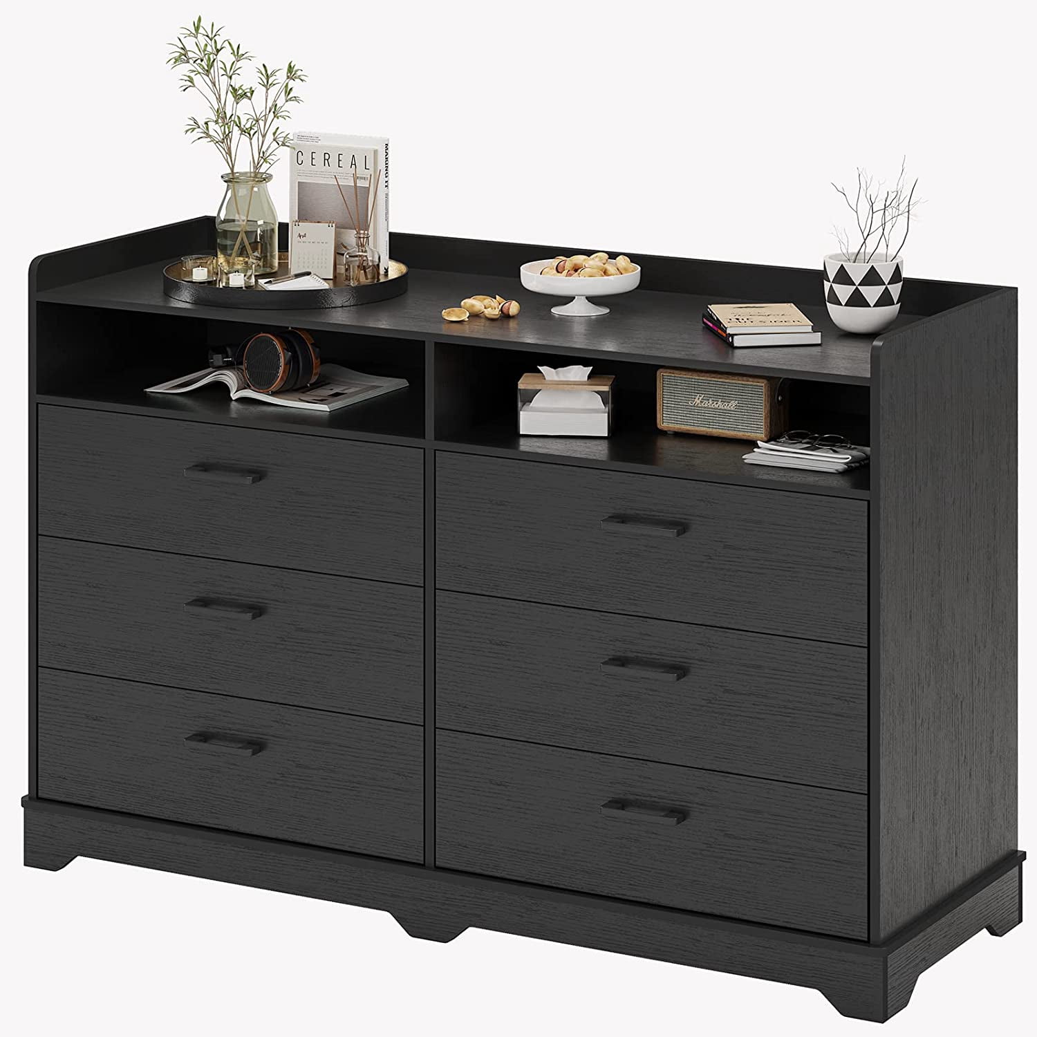 6 Drawers Dresser, Storage Tower Dressers with Open Cubby, Black