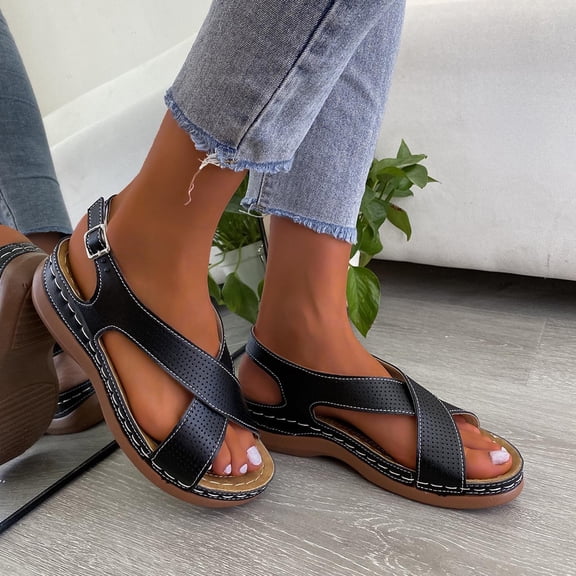 Women's Summer New Large Size Buckle Set Foot Hollow-out Casual Comfortable Sandals Summer Sandals for Women Black 38