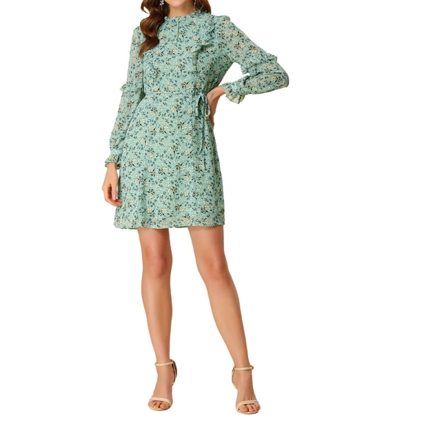 INSPIRE CHIC Women's Floral Tie Waist Long Sleeve Ruffle Chiffon Dress XL Green