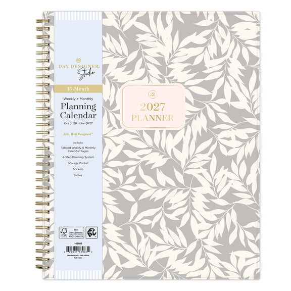 Day Designer Studio for Blue Sky Monthly Weekly Planner, 8.5" x 11", Leaves Gray 15-Month (October 2026 - December 2027)