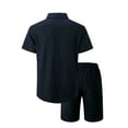 thumbnail image 3 of Men Textured Casual Short Sets Solid Short Sleeve Pocket Button Down Shirt Elastic Shorts 2 Piece Outfits Tracksuit, 3 of 7