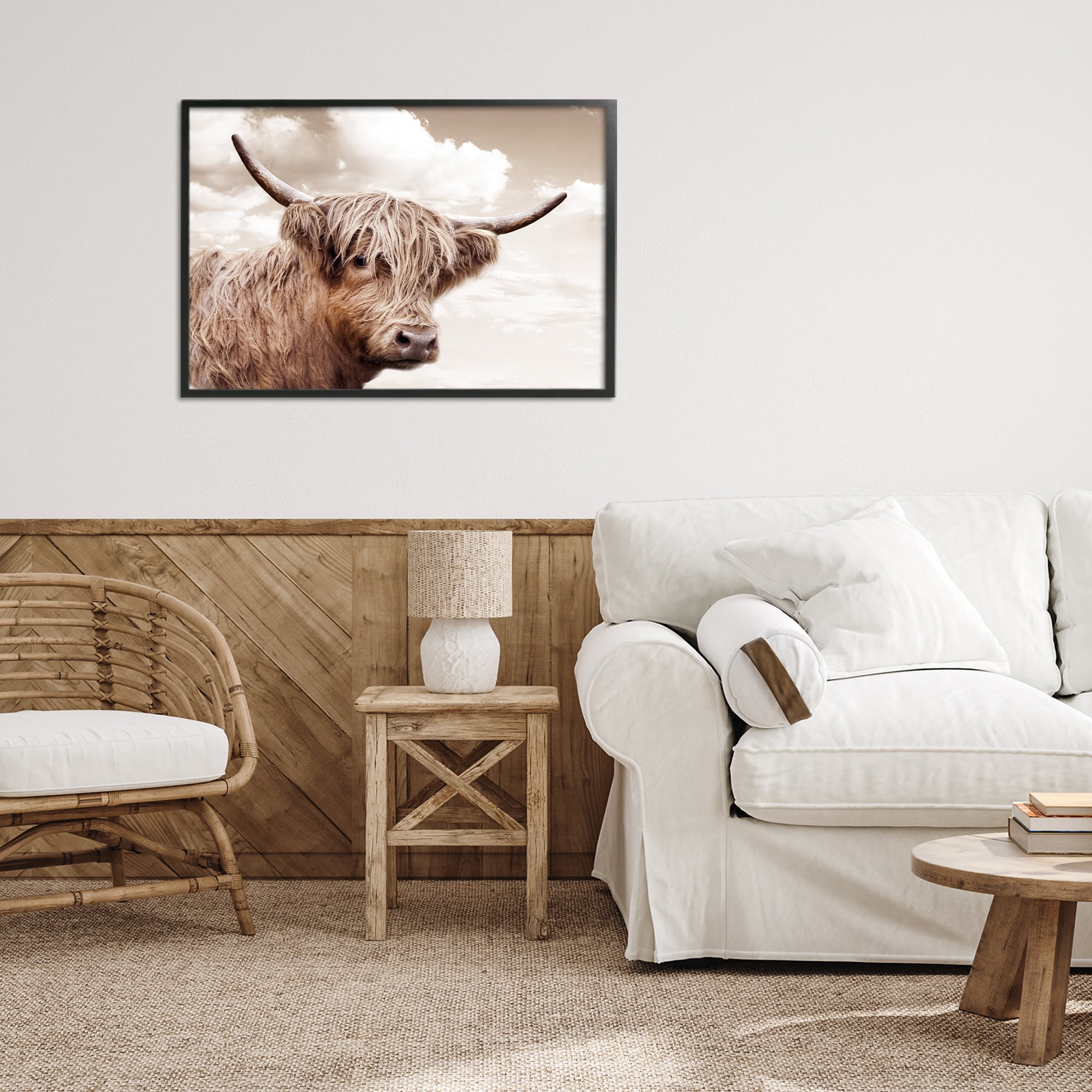 Stupell Industries Shaggy Highland Cow & Clouds Black Framed Giclee Art, design by CAD Designs