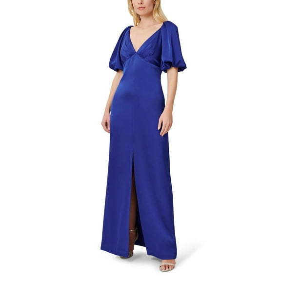 Aidan Mattox V- Neck Back Zipper Pleated Shoulders Short Sleeves Front Slit Opening Long Satin Dress-ROYAL SAPPHIRE / 4