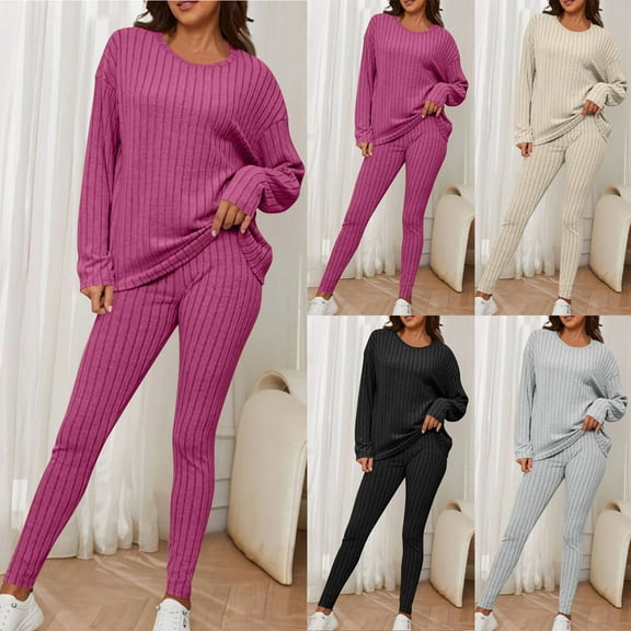 jtjvou Sweater Sets for Women 2 Piece Outfits - Ribbed Long Sleeve Pullover Tops Skinny Long Pants Cozy Knit Lounge Sets Beige L