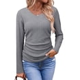 thumbnail image 3 of Tops Casuales para Mujer, Cuello en V, Camisas de Larga, Túnicas Básicas con Frunces Lisos, Blusas Gris M, 3 of 7