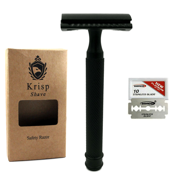 Long Handled Butterfly Open Safety Razor For Men   5 Shaving Blades Black