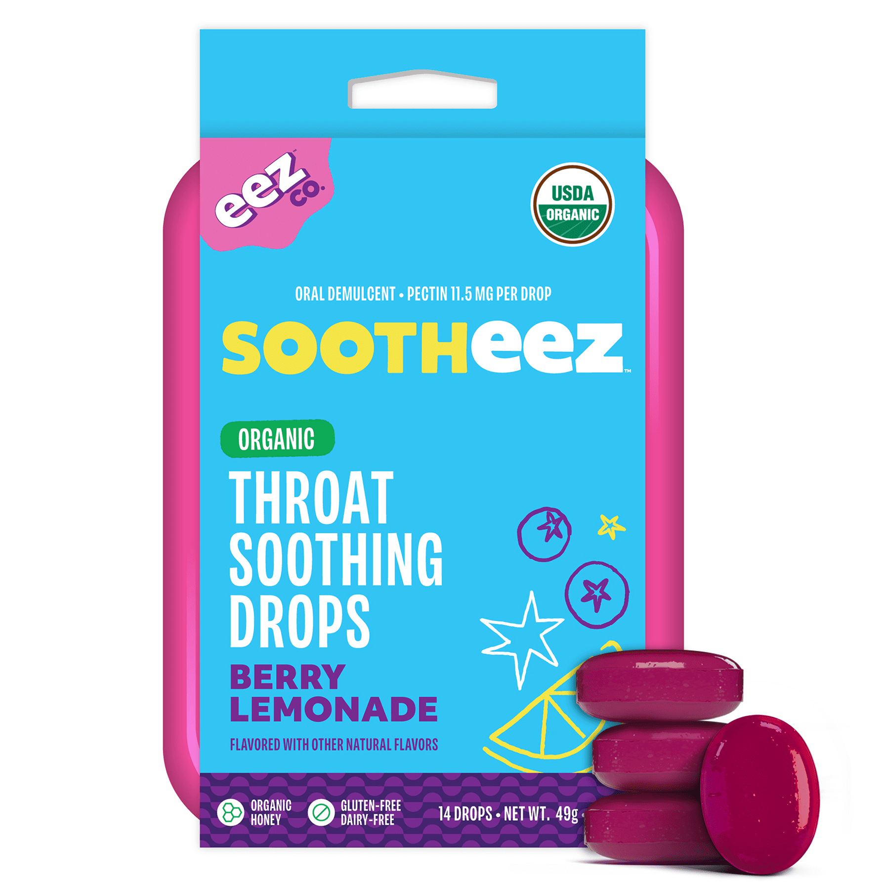 (4 pack) Sootheez by EEZ Co. Organic Throat Soothing Drops, Berry Lemonade, 14ct
