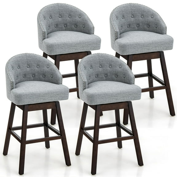 Costway Swivel Tufted Bar Height Pub Chairs with Rubber Wood Legs, Grey/Brown (Set of 4)