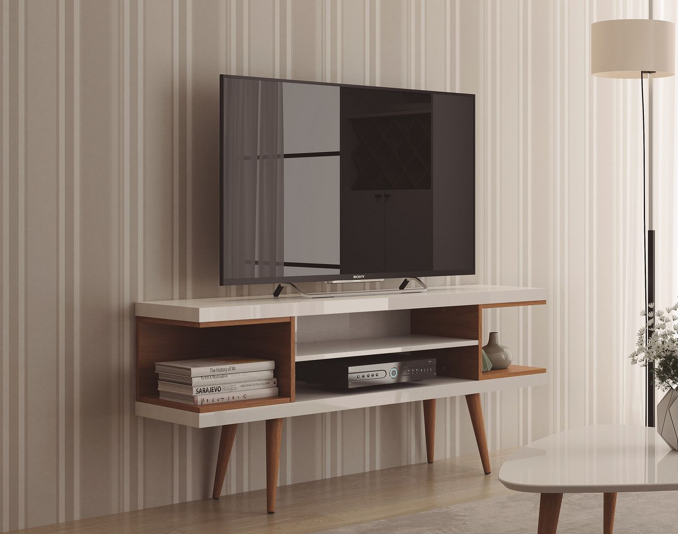 Utopia 53.14″ TV Stand with Splayed Wooden Legs and 4 Shelves Sansujyuku sansujyuku.com