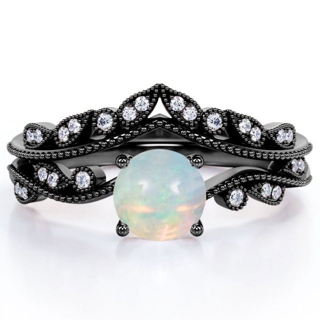 JeenMata Anillo de Novia de Banda Curva con Ópalo de Roca y Moissanita de Forma Redonda de 1 Quilate en Forma de V - Chapado en Oro Negro de 18 K sobre Plata