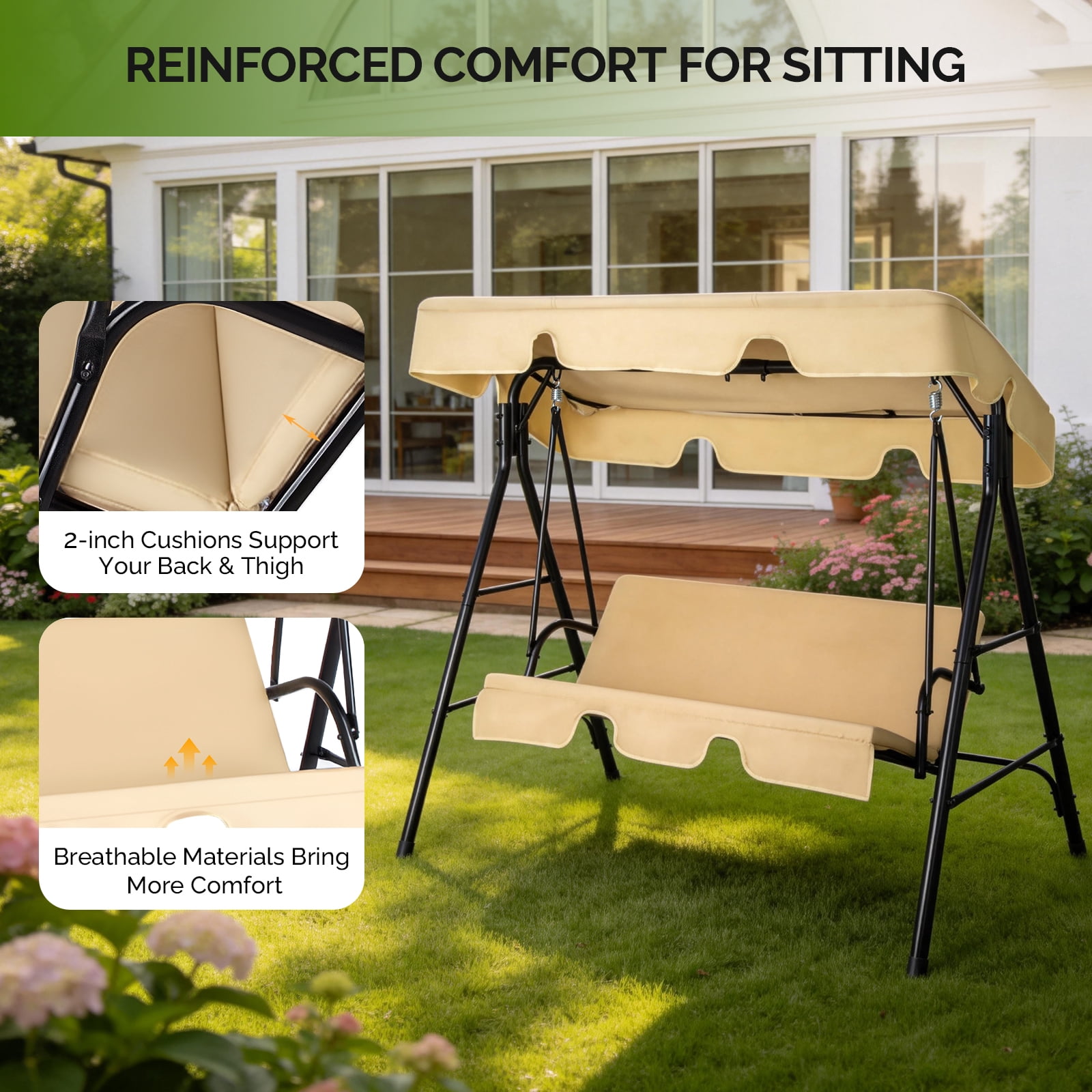 Outdoor Swing Set with Cushion & Sunshade Canopy 250KG Weight Capacity Iron Frame Oxford Cloth Patio Swing for Garden Backyard Balcony