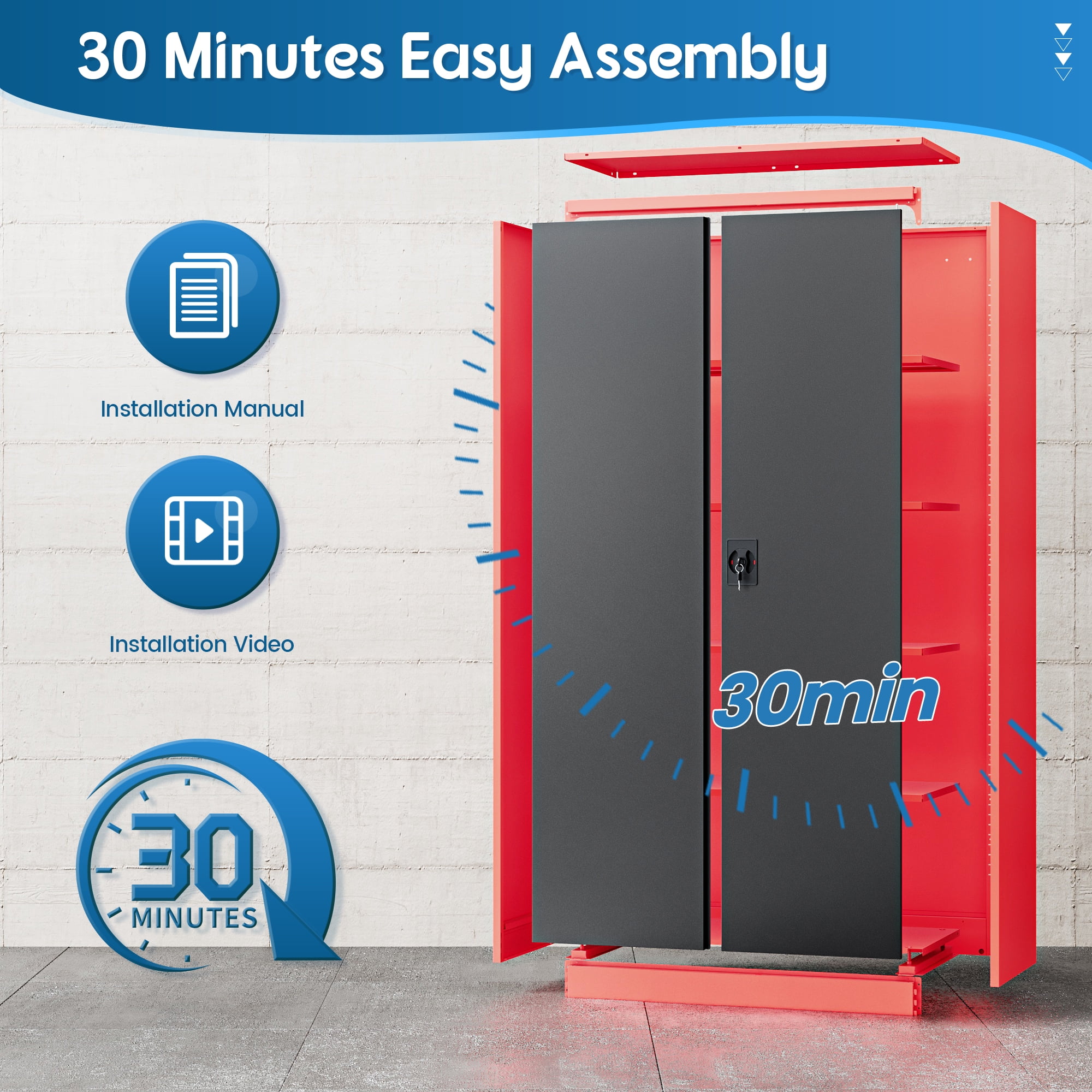 Fesbos Metal Storage Cabinet with Locking Doors, Red Black Garage Lockable Steel Cabinets with 2 Doors and 4 Shelves for Home, Garage, Pantry Workshop Warehouse