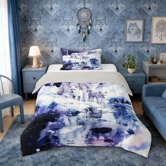 Erosebridal Watercolor White Wolf Family Print Twin Comforter Sets, Snowy Winter Bedding Set for Men and Women, Navy Reversible 2pcs, 1 Comforter and 1 Pillowcase
