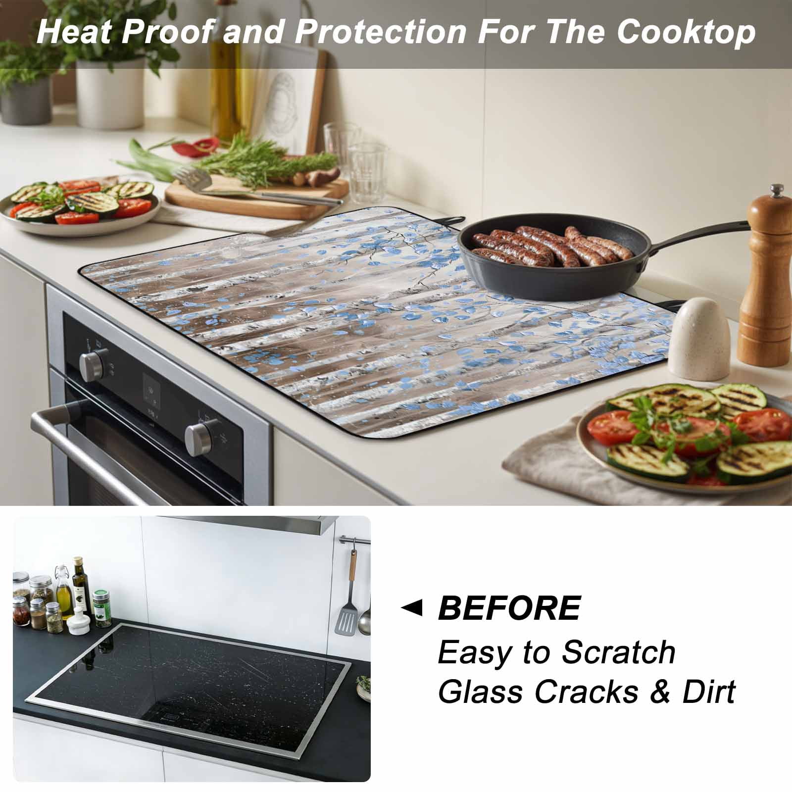 Blue Brown Forest Stove Top Cover for Electric Stove, Heat-proof & Non Slip Glass Top Stove Cover Protector, Modern Oil Painting Art Kitchen Flat Cooktop Rubber Mat 31x24 Inches