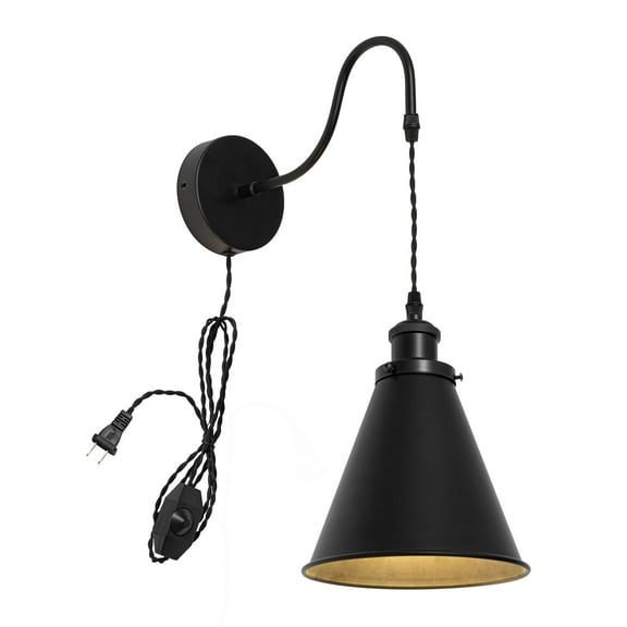 KAYYELAMP 1-Light Corded Adjustable Wall Sconce 5.9 Feet Dimmable Cable Black Cone Metal Shade Gooseneck Wall Lamp Retro Design for Bedroom Living Room Farmhouse Kitchen