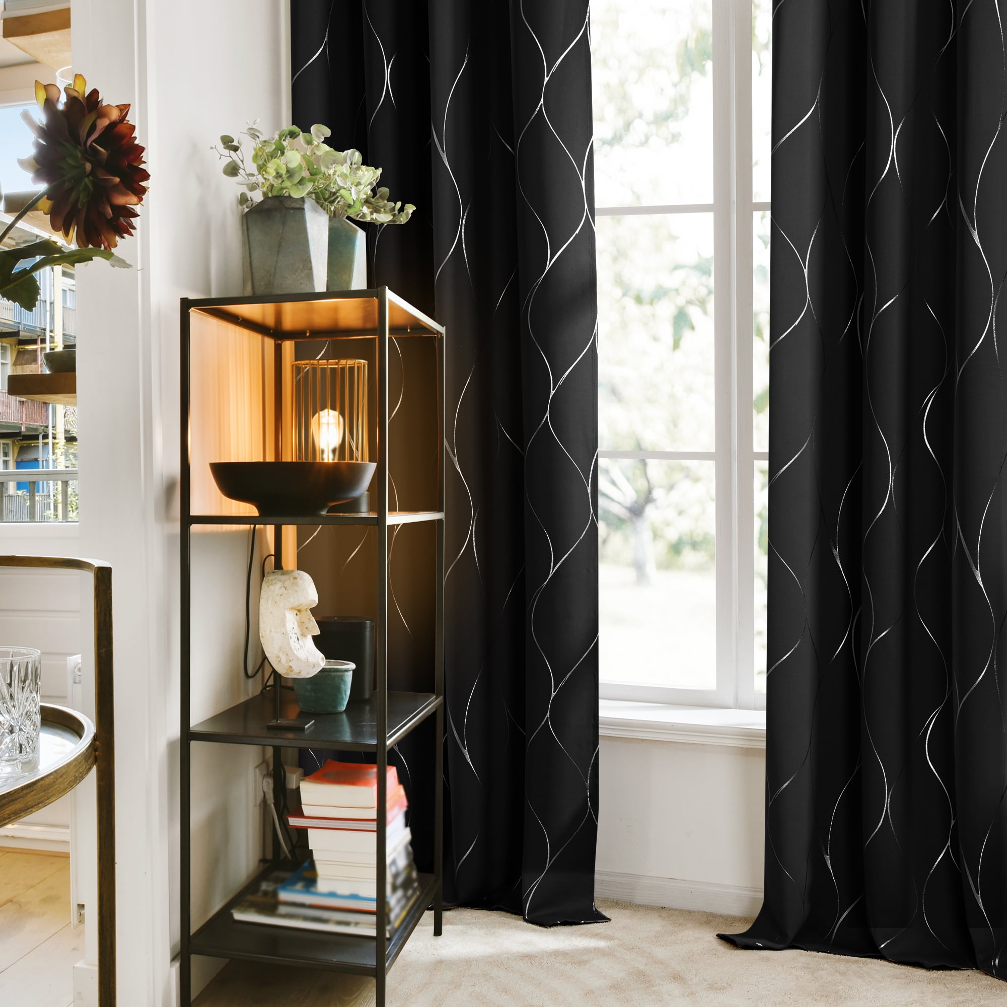 Deconovo Blackout Curtains Silver Wave Foil Print for Living Room, 52x63 inch, 2 Panels, Black