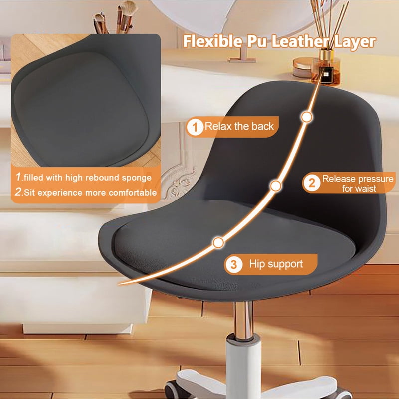 XUEGW Small Desk Task Chair 1 Pack, Cute Armless Vanity Chairs with Soft Padded Cushion, Plastic Height-Adjustable Home Office Chairs for Teens Girls, Black