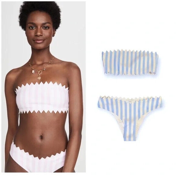 Onia Wilma Haut de Bikini Bandeau et Bas à Rayures Bleu Cloche Taille Small