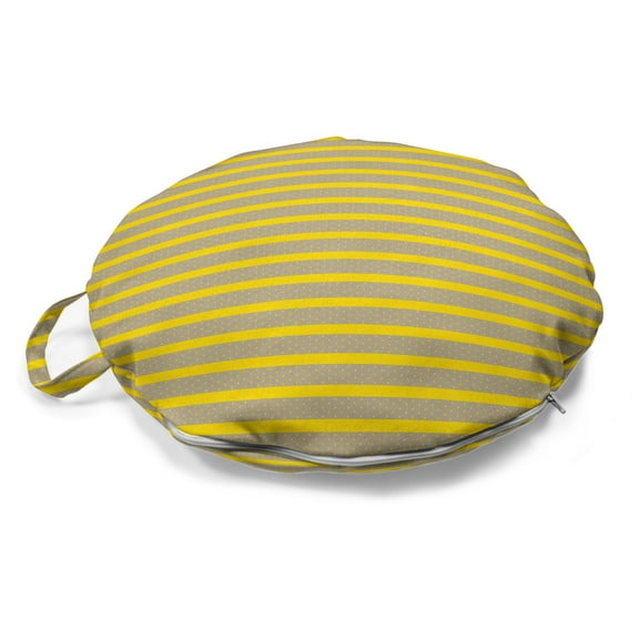 Abstract Round Floor Cushion with Handle, Continuous Symmetry Vertical Stripes and Dots Illustration Pattern, Pillow for Living Room & Dorms, 18" Round, Yellow and Dark Eggshell, by Ambesonne
