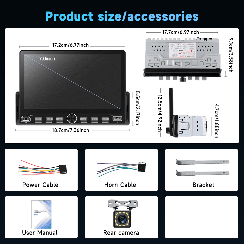 Podofo 7’’ Single Din Car Stereo with wireless CarPlay/Android Auto,Mirror Link, Rear View Camera USB&Type-C FM SWC BT EQ MIC