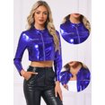 thumbnail image 2 of DARING DIVA Women's Cropped Jacket Metallic Stand Collar Long Sleeve Crop Jackets M Deep Blue, 2 of 6