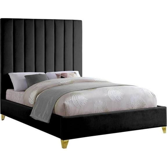 Pemberly Row Contemporary Channel Tufted Rich Velvet King Bed in Black
