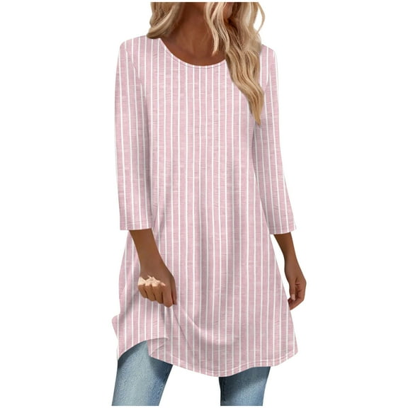 successthop Womens Shirts Curved Hem 3/4 Sleeve Tunic Top Long Crewneck Pullover Sweater Stripe Fall Winter Clothes Pink