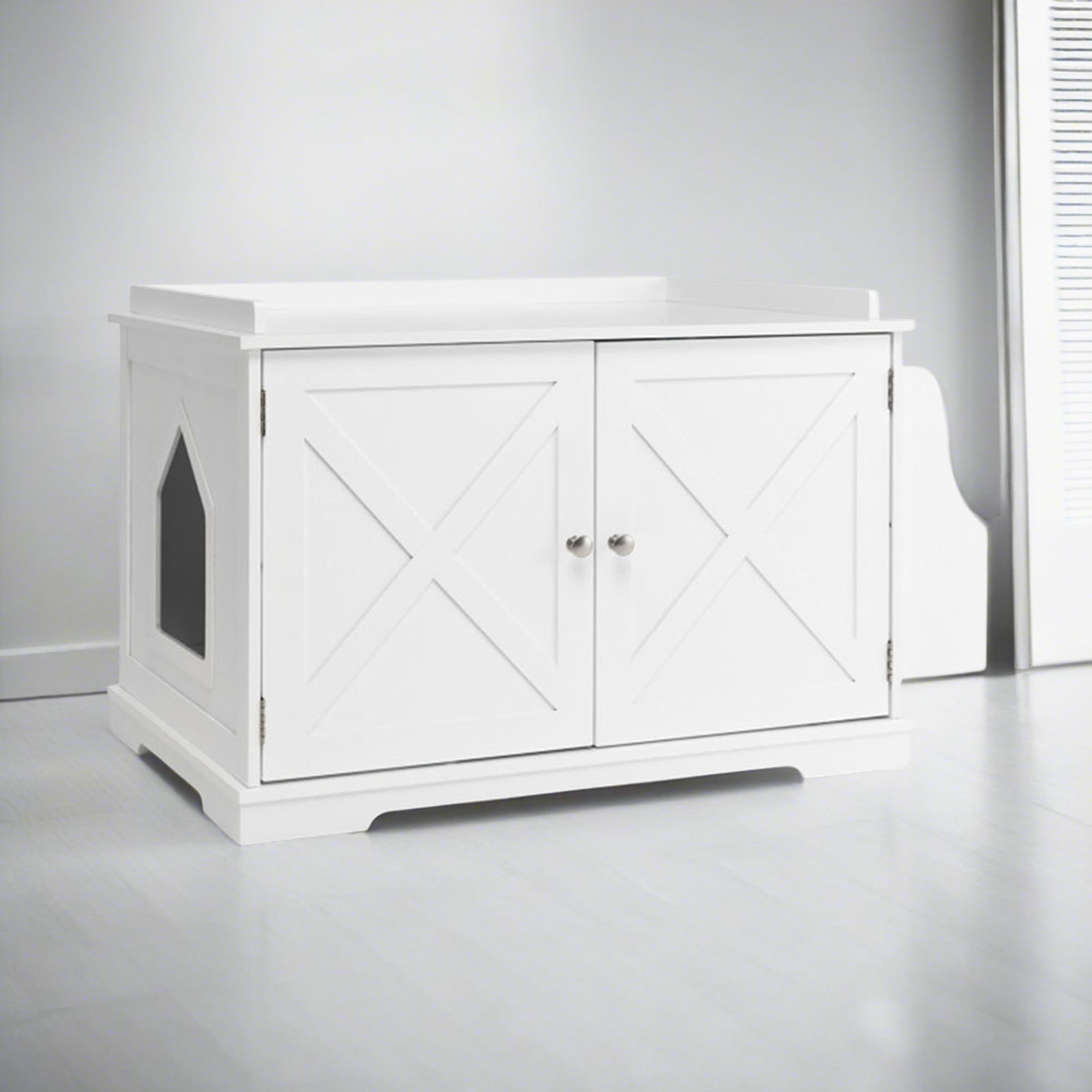 resenkos 34" Large Cat Litter Box Enclosure, Wood Hidden Cat House Washroom Furniture for Living Room, Bedroom, Bathroom with Magazine Rack, White