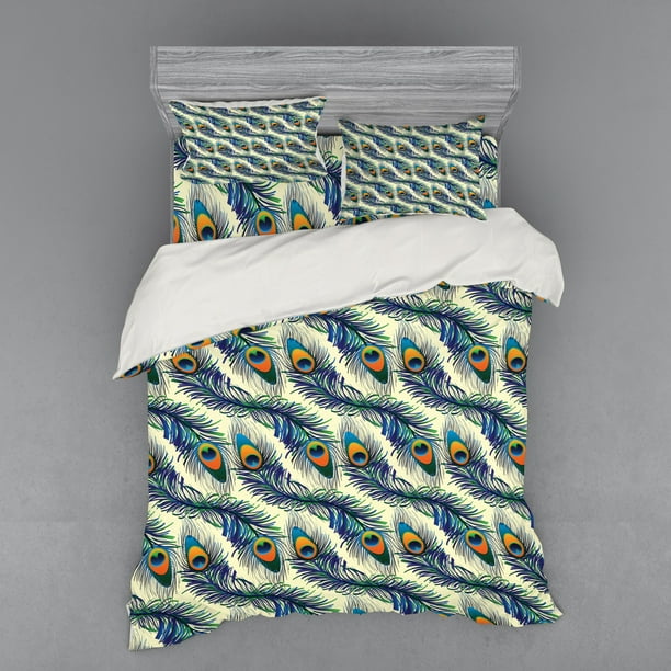 Peacock Duvet Cover Set, Exotic Peacock Feathers Pattern Vintage Style