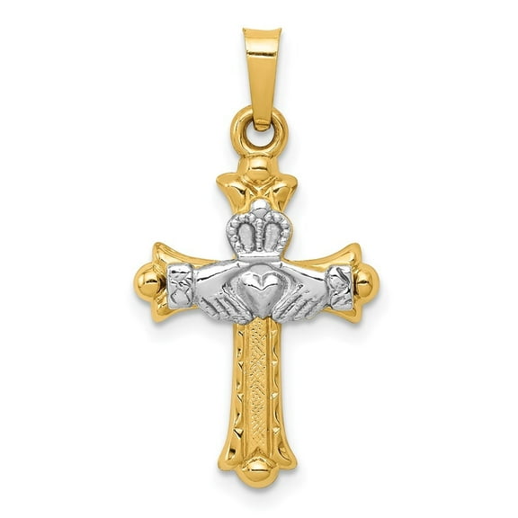 Auriga 14k Two-tone Gold Claddagh Cross Pendant for Women (Length - 28mm, Width - 15mm)
