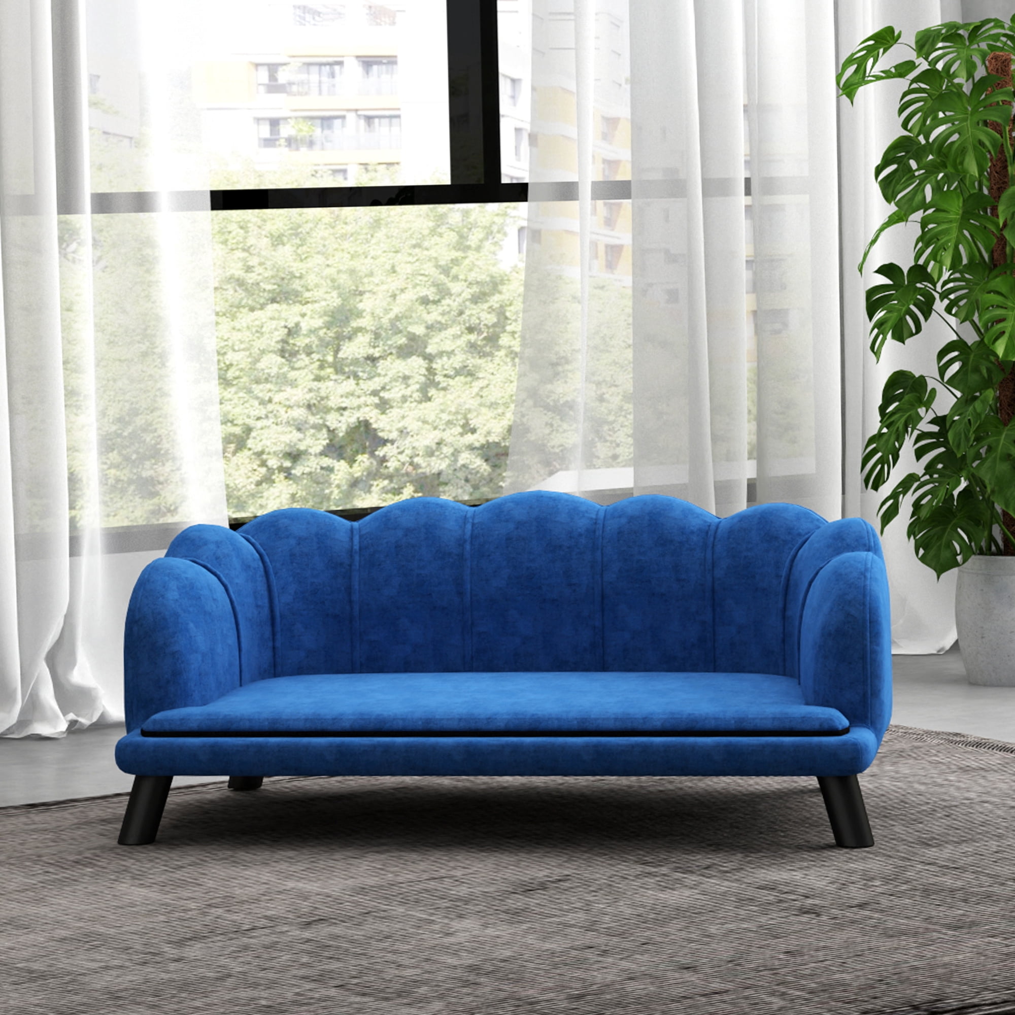 PawHut Pearl Design Pet Sofa for Medium and Large Sized Dogs, Pet Bed with Cushion and Solid Wood Legs, Dark Blue