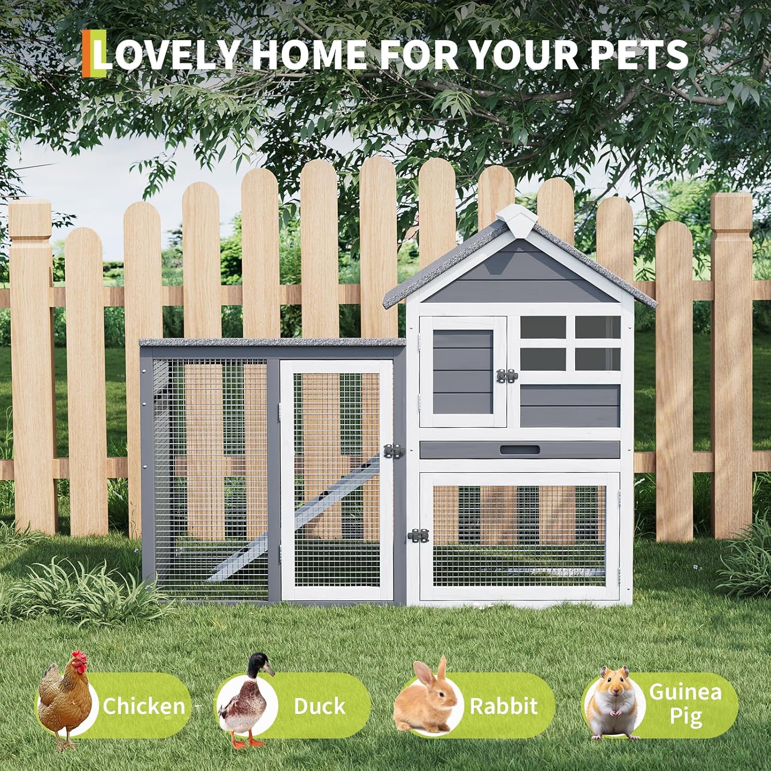 OUTGOODS 2-Story Wooden Rabbit Hutch & Chicken Coop, Fir Wood, Waterproof Roof