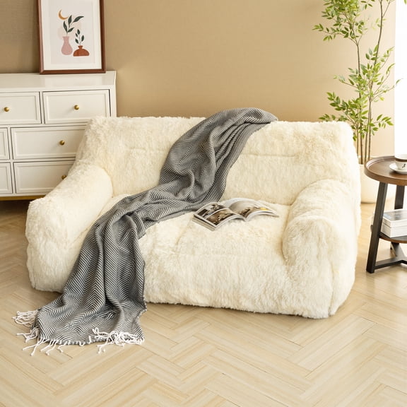 PamapicLife Plush Fluffy Foam Filled Bean Bag Chair, White