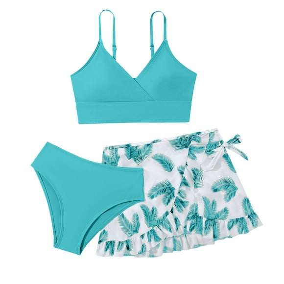 Teen Girls Swimsuit Girls' 3 Piece Set with Cover Ups Skirt Cute Swimwear Girls Tankini Size 15T Girls Clothes