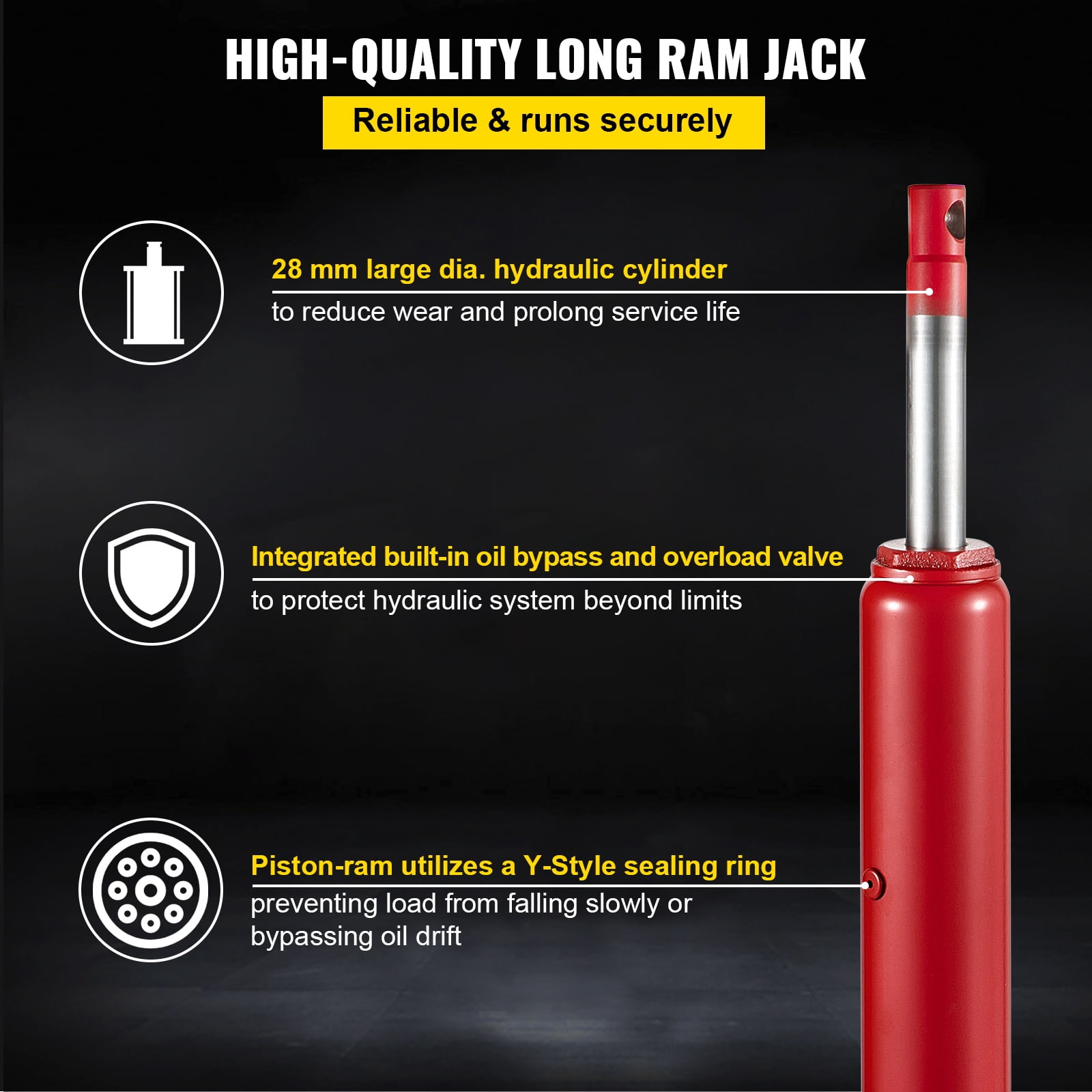 KFFKFF Hydraulic Long Ram Jack, 4 Tons Capacity, Single Piston, Flat Base, Manual Operation, Suitable for Garage Cranes, Engine Hoists, Red