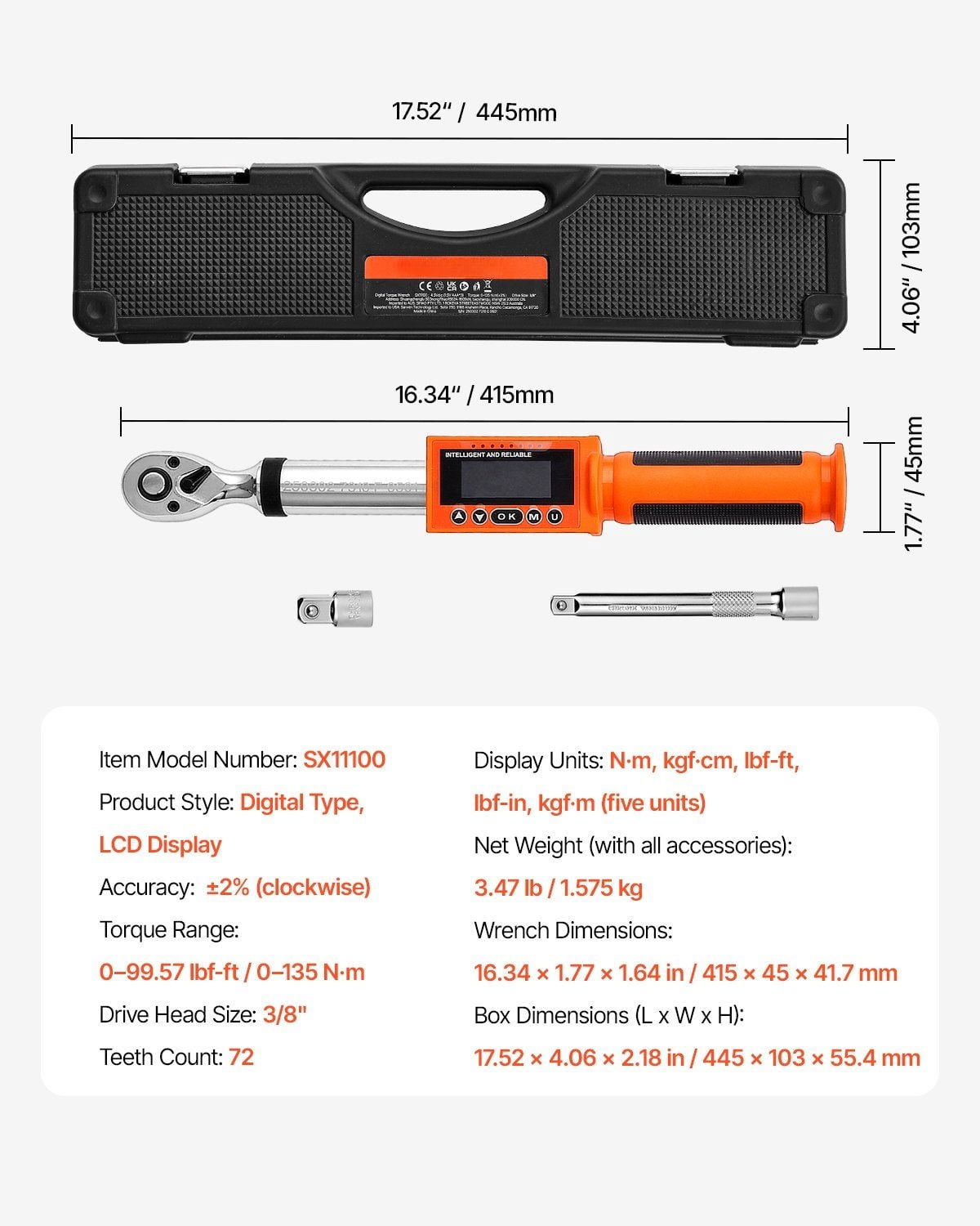 Digital Torque Wrench 3/8" Drive – 0-99.57 ft-lb / 0-135 Nm, 72-Tooth Dual-Range LED Display, Precision Click-Type with Audible & Vibrating Alarm, Auto Shut-Off, ±3% Accuracy, Includes Storage Case