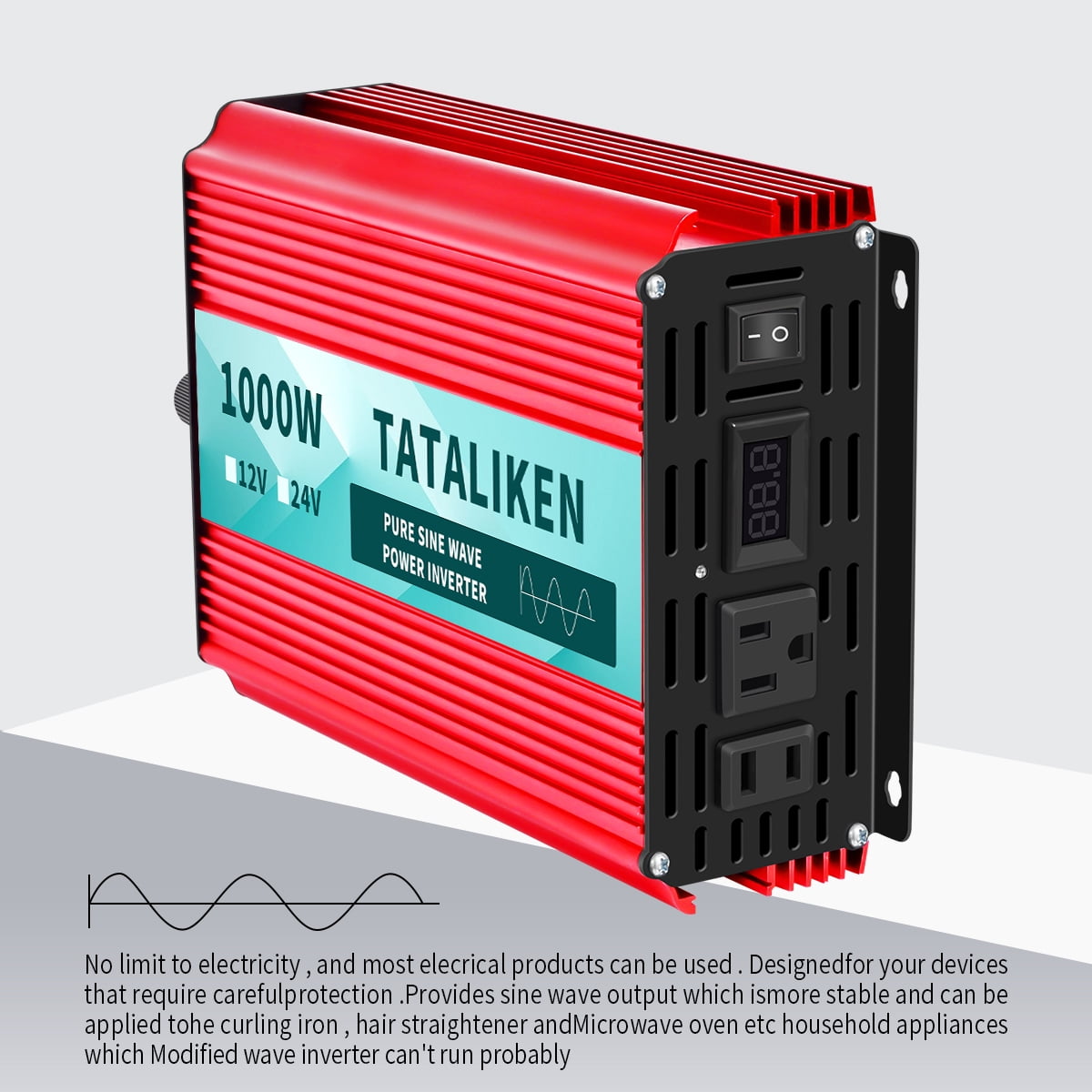 TATALIKEN 1000 Watts 2000 Watts Pure Sine Wave Power Inverter DC 12V to AC 110V/120V Car Inverter with 2 AC Outlets for Power Tools Home Vehicles RV Truck, LCD Display