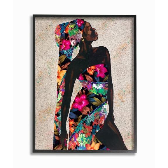 Stupell Industries Elegant Female Tropical Floral Dress Strength Pose Framed Wall Art Design by Alonzo Saunders, 24" x 30", Black Framed