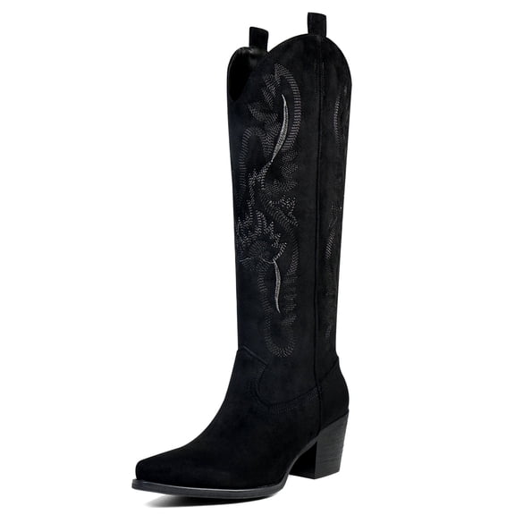 VBDB Suede Cowboy Knee High Boots Women Pointed Toe Chunky Heel Embroidered Western Cowgirl Boots