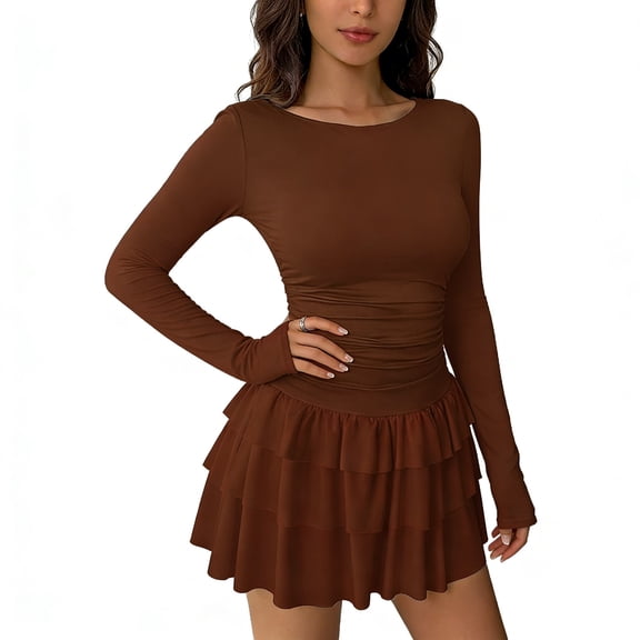 Levmjia Womens Dress Ruffle Long Sleeve Round Neck Knee Length Pleated Waist Slimming Stretchy Solid Color Cocktail Party Dress Elegant Club Outfit Wear