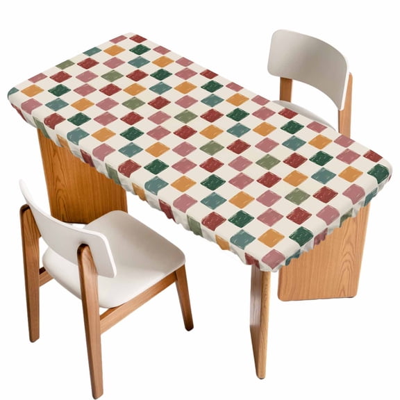 Colorful Checkered Table Cloths for 6 Foot Rectangle Tables, Vintage Plaid Grid Geometric Beige Patio Waterproof Elastic Fitted Tablecloths, Washable Rectangular Table Cover for Camping