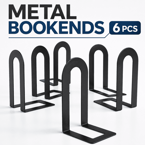 VBNDMAW 6 Pack Metal Bookends for Shelves, Heavy Duty Steel Book Ends with Non-Slip Rubber Pads, U-Shaped Book Stoppers, Black, 5.5 x 3.75 x 2.25 in
