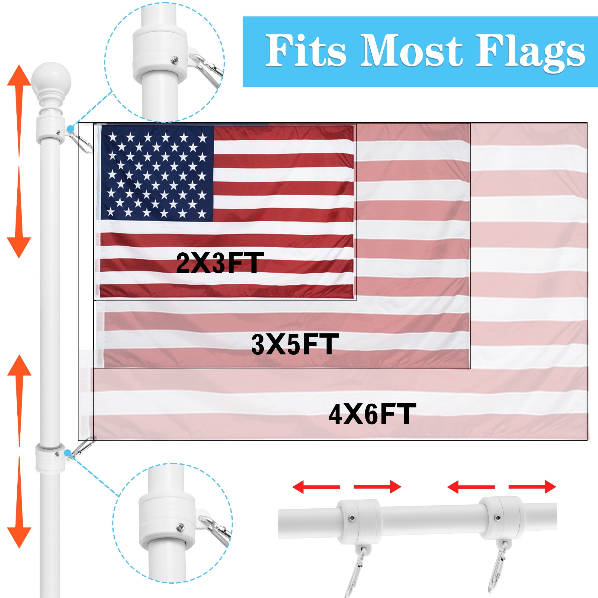 Widyana Metal Flag Pole 6Ft, Include a 3x5Ft US Flag, a Holder, Two No-Tangle Rings, 1 Set, White