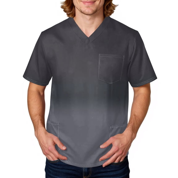 Domuza Scrubs for Men Top Tie-Dye Gradient V Neck Short Sleeve Nurse Uniform Plus Size Soft Comfy Medical Workwear with 3 Pockets Black XL