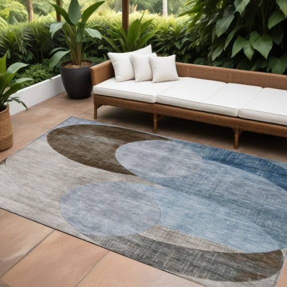 HomeRoots 604910 10 x 14 ft. Denim Blue, Brown & Beige Geometric Washable Indoor & Outdoor Rectangle Area Rug